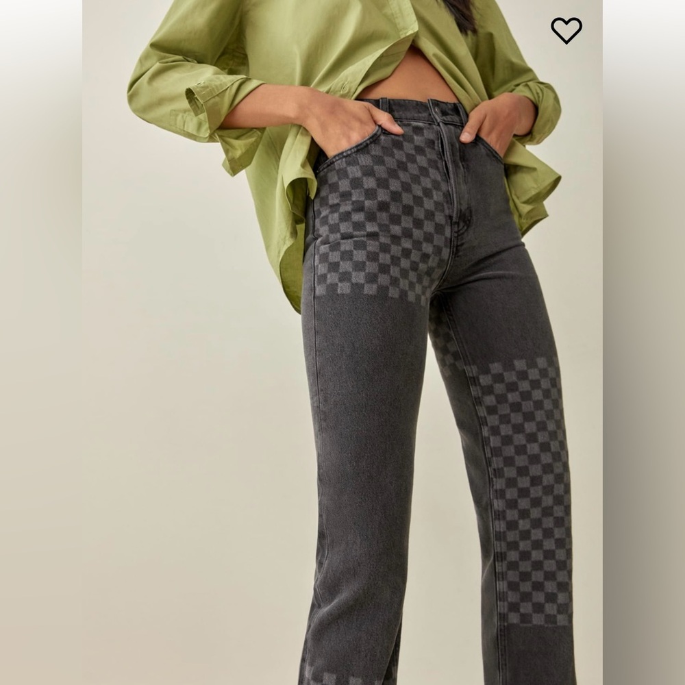 Reformation Cynthia Shadow Checked High Rise Straight Long Jeans